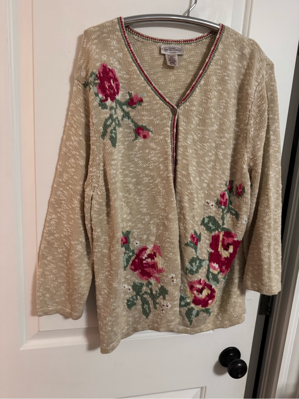 Vintage NORTHERN REFLECTION Floral Knit Cardigan - Cream with Pink Roses